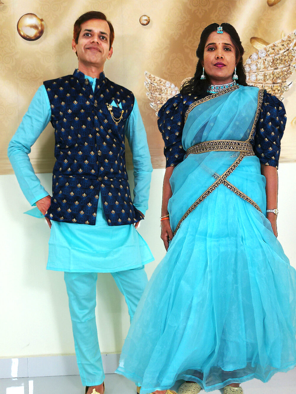 Family Matching Dress Set MOTHER DAUGHTER SON FATHER Twinning Dress IBI-9991BG SKY BLUE Traditional Family Matching Dress for Birthday Theme