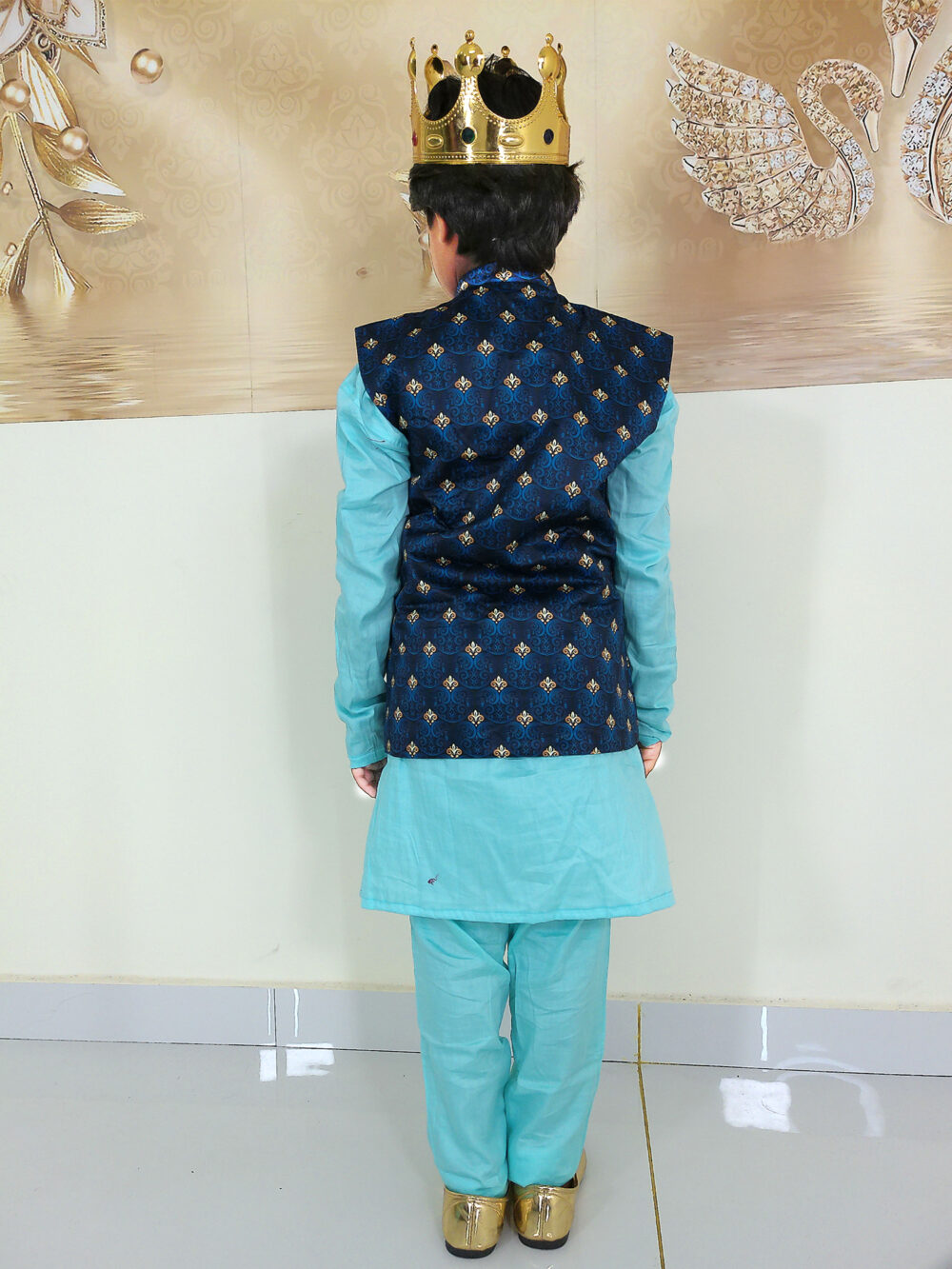 Boy Birthday Dress IBI-9991BY Sky Blue Kurta Pajama Modi Jacket Set
