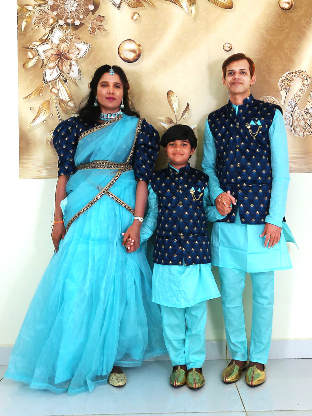 Family Matching Dress Set MOTHER DAUGHTER SON FATHER Twinning Dress IBI-9991BG SKY BLUE Traditional Family Matching Dress for Birthday Theme
