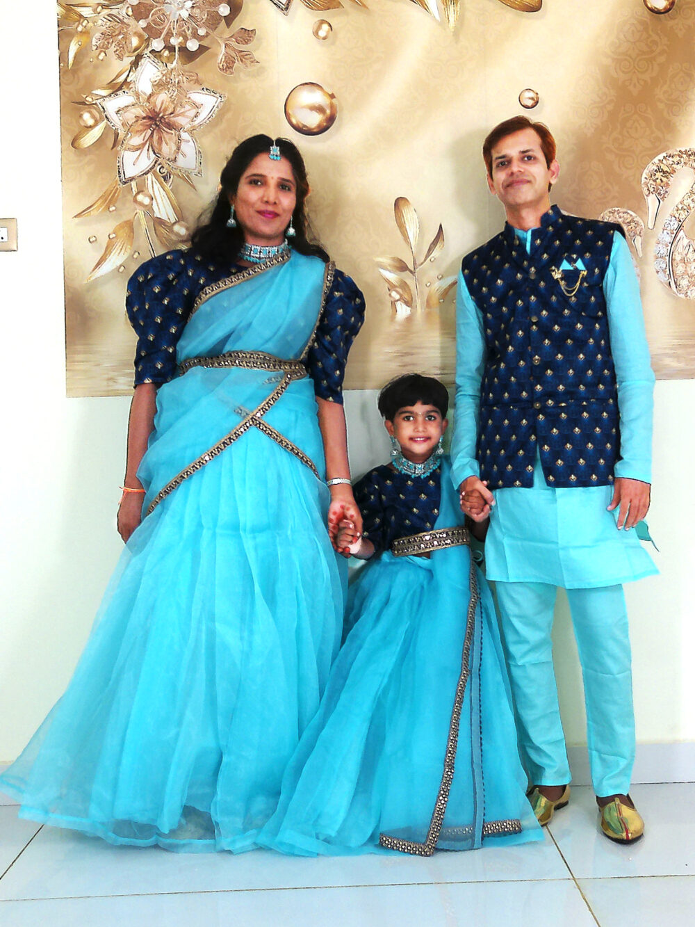 Family Matching Dress Set MOTHER DAUGHTER SON FATHER Twinning Dress IBI-9991BG SKY BLUE Traditional Family Matching Dress for Birthday Theme