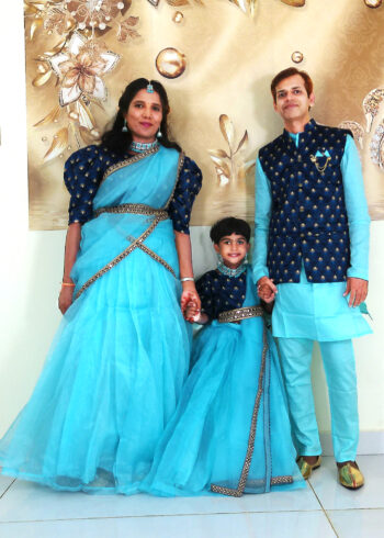 Family Matching Dress Set MOTHER DAUGHTER FATHER Twinning Dress IBI-9991G Skyblue Traditional Family Combo Dress for Birthday Theme