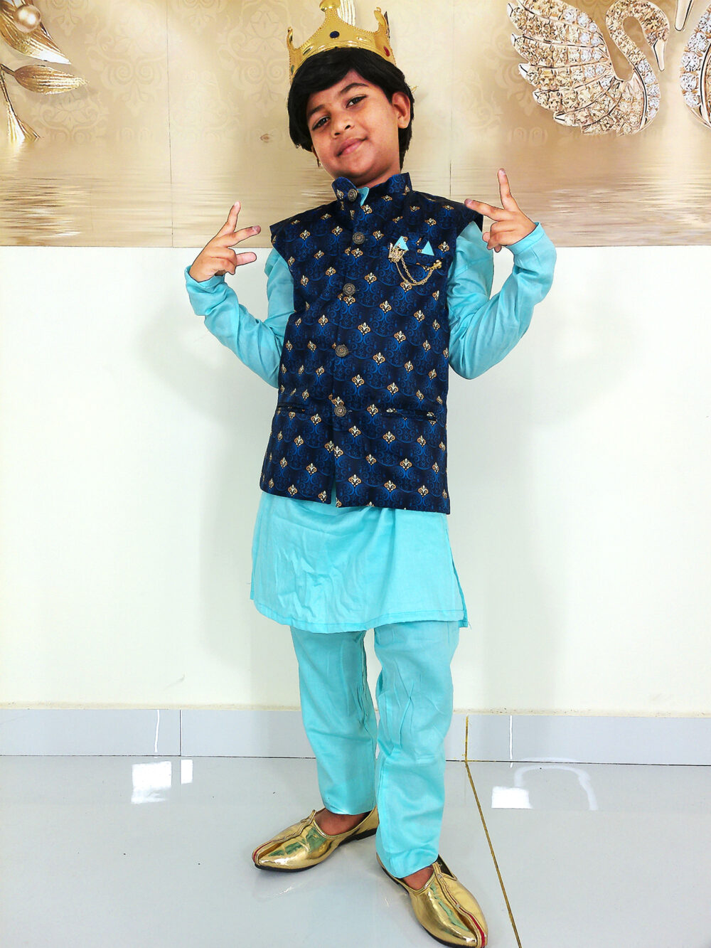 Boy Birthday Dress IBI-9991BY Sky Blue Kurta Pajama Modi Jacket Set