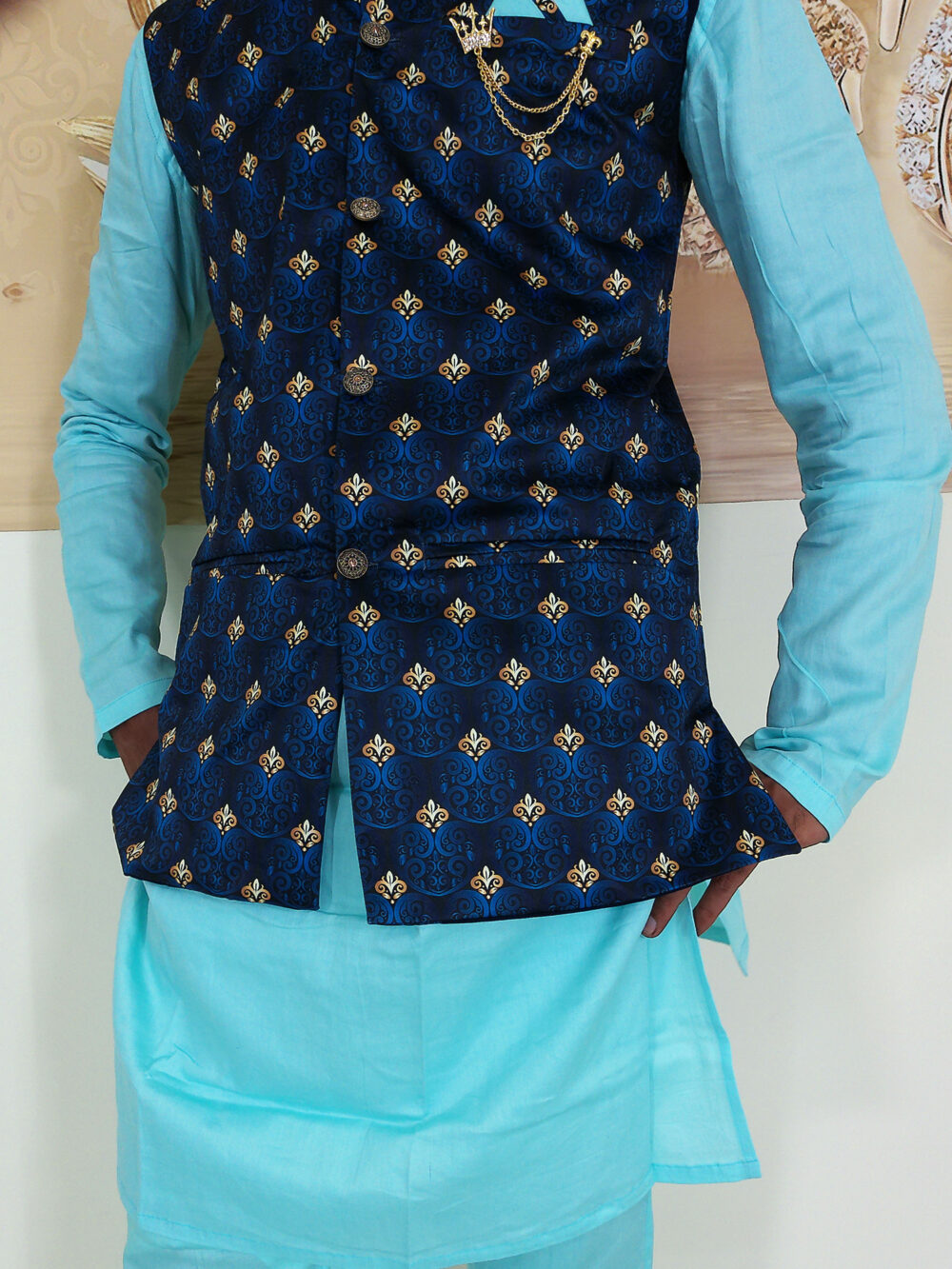 Men Dress IBI-9991MN Sky Blue Navy Blue Kurta Pajama Modi Jacket Set for Men