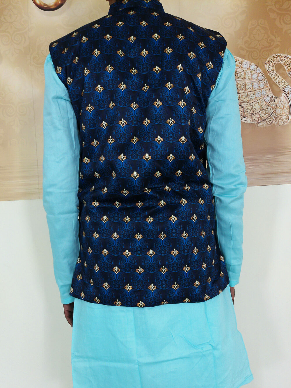 Men Dress IBI-9991MN Sky Blue Navy Blue Kurta Pajama Modi Jacket Set for Men