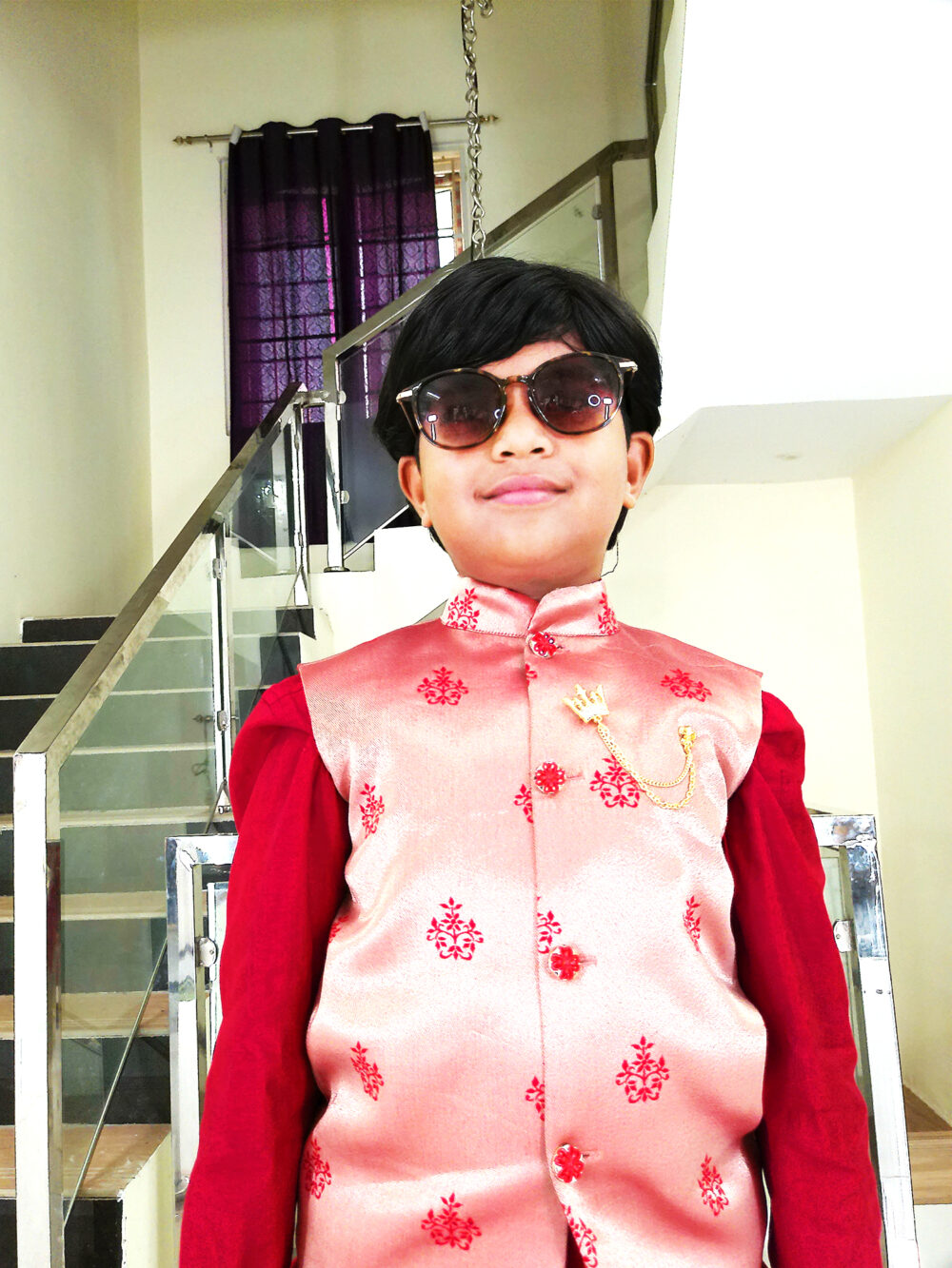 Boy Birthday Dress IBI-9993BY Red Gold Kurta Pajama Modi Jacket Set