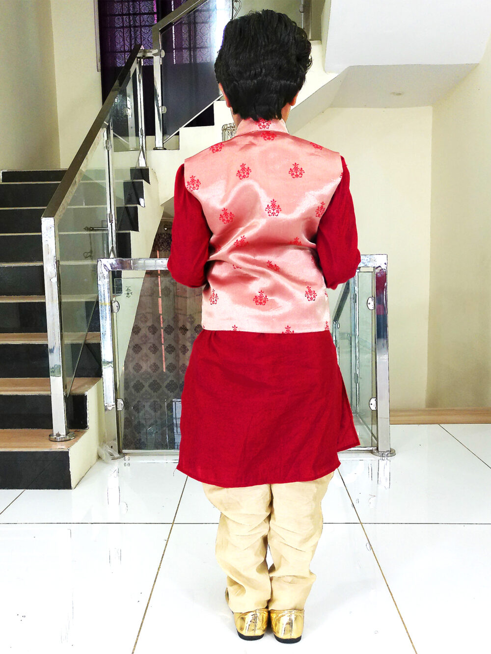 Boy Birthday Dress IBI-9993BY Red Gold Kurta Pajama Modi Jacket Set