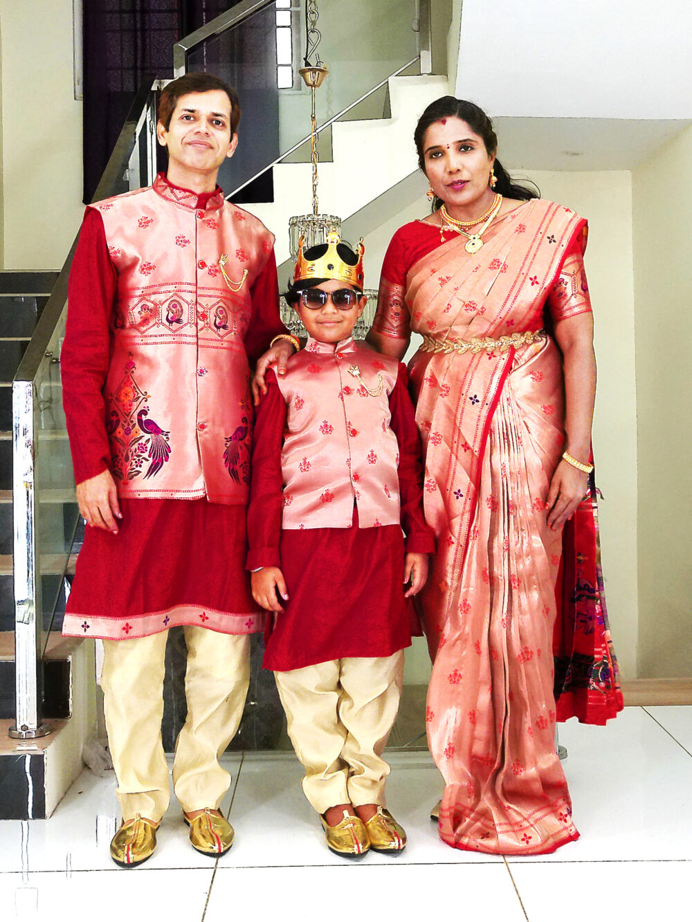 Family Matching Dress Set MOTHER FATHER SON Twinning Dress IBI-9993B Red Gold Traditional Family Combo Dress for Birthday Theme