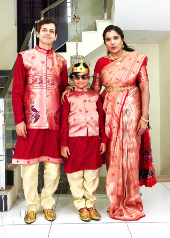 Family Matching Dress Set MOTHER FATHER SON Twinning Dress IBI-9993B Red Gold Traditional Family Combo Dress for Birthday Theme