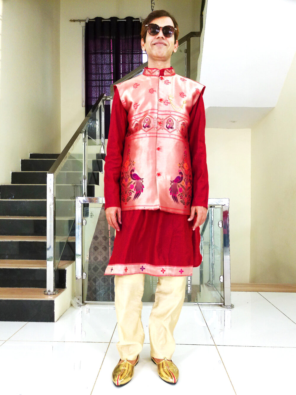 Men Dress IBI-9993MN Sky Red Gold Kurta Pajama Modi Jacket Set for Men