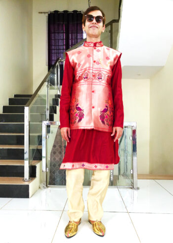 Men Dress IBI-9993MN Sky Red Gold Kurta Pajama Modi Jacket Set for Men