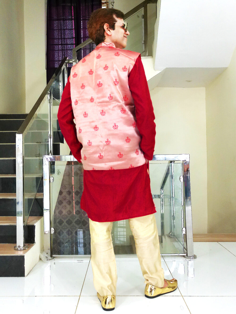 Men Dress IBI-9993MN Sky Red Gold Kurta Pajama Modi Jacket Set for Men