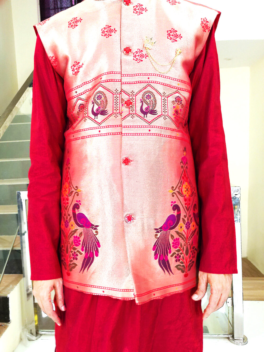 Men Dress IBI-9993MN Sky Red Gold Kurta Pajama Modi Jacket Set for Men