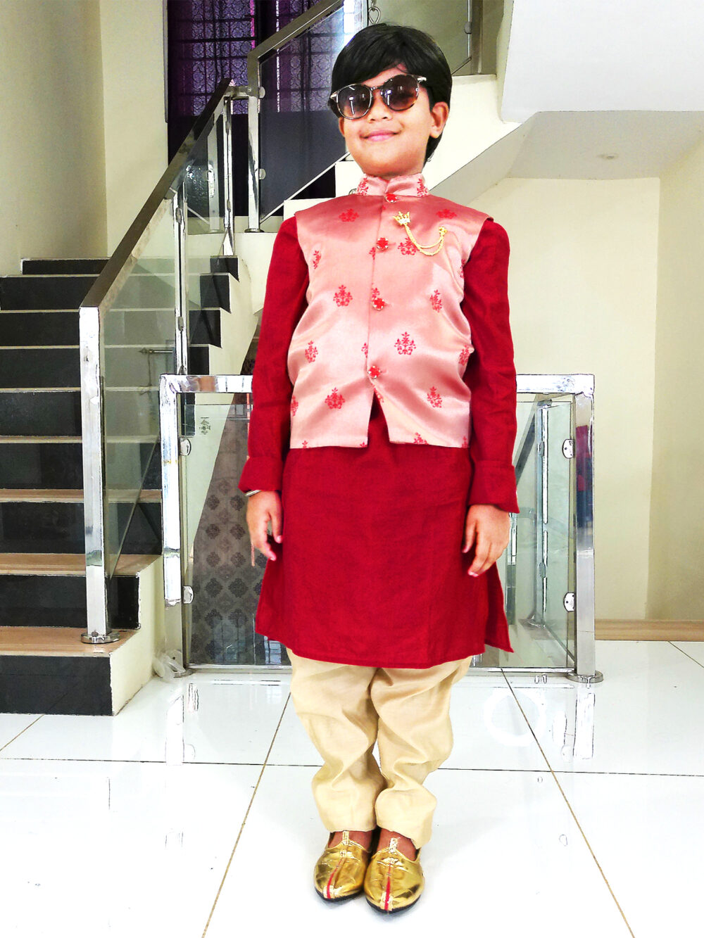 Boy Birthday Dress IBI-9993BY Red Gold Kurta Pajama Modi Jacket Set