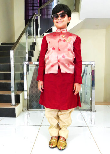 Boy Birthday Dress IBI-9993BY Red Gold Kurta Pajama Modi Jacket Set