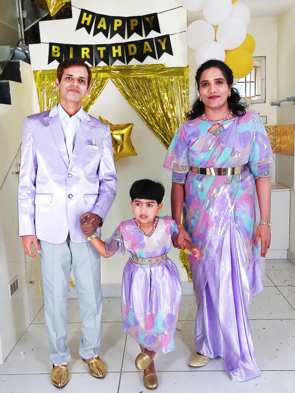 Family Matching Dress Set MOTHER DAUGHTER FATHER Twinning Dress IBI-9997G Lavender Indo Western Family Combo Dress for Birthday Theme