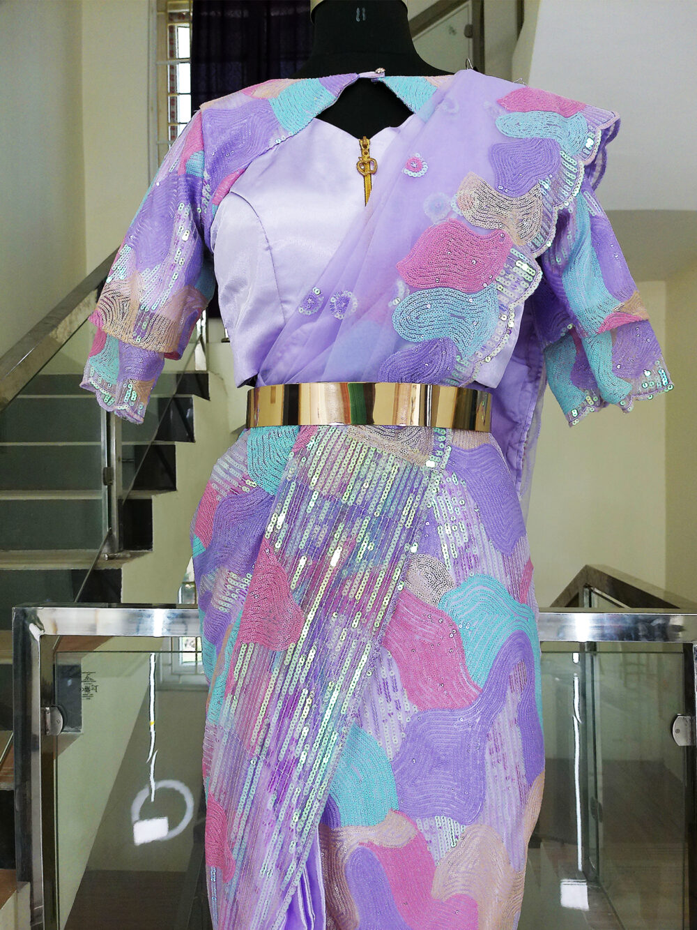 Readymade Saree IBI-9997SRE Lavender 2 Min Ready to Wear Saree with Stitched Blouse