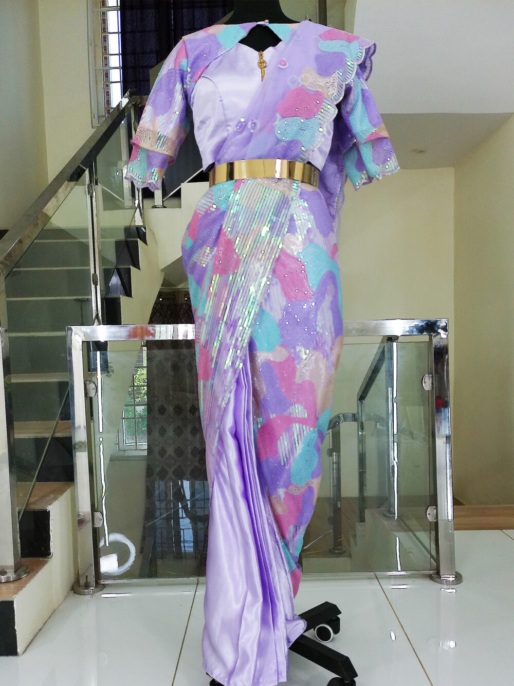 Readymade Saree IBI-9997SRE Lavender 2 Min Ready to Wear Saree with Stitched Blouse