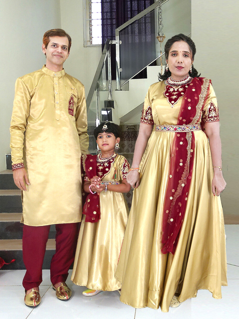 Family Matching Dress Set MOTHER DAUGHTER FATHER Twinning Dress IBI-9998G Gold Maroon Traditional Family Combo Dress for Birthday Theme