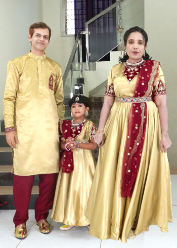 Family Matching Dress Set MOTHER DAUGHTER FATHER Twinning Dress IBI-9998G Gold Maroon Traditional Family Combo Dress for Birthday Theme