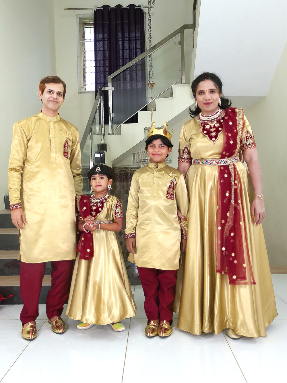 Family Matching Dress Set MOTHER DAUGHTER SON FATHER Twinning Dress IBI-9998BG Gold Maroon Traditional Family Matching Dress for Birthday Theme