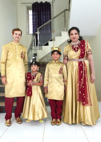 Family Matching Dress Set MOTHER DAUGHTER SON FATHER Twinning Dress IBI-9998BG Gold Maroon Traditional Family Matching Dress for Birthday Theme