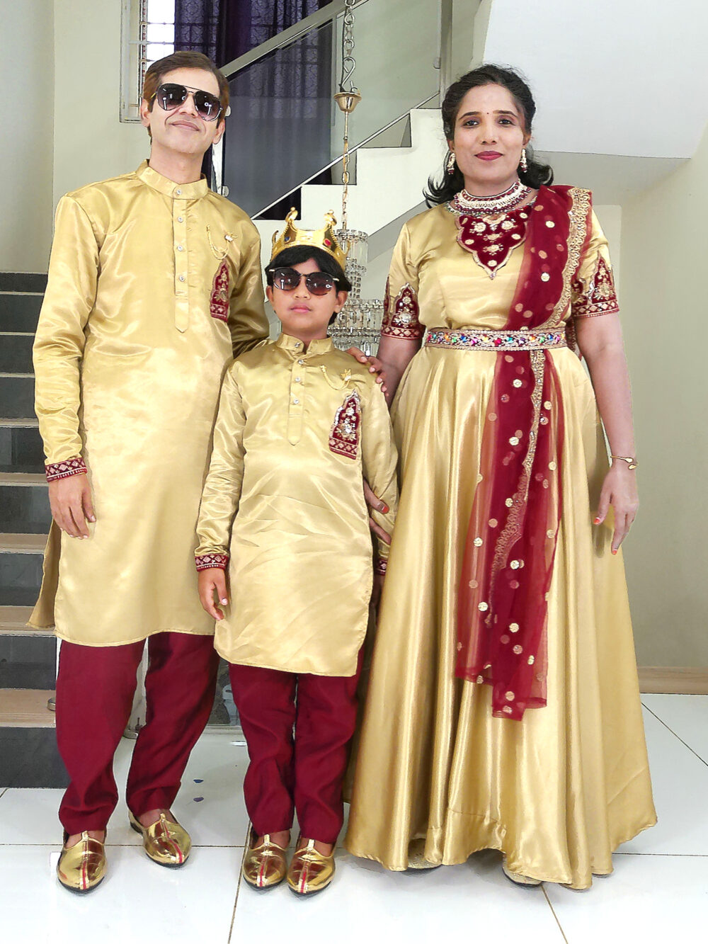 Family Matching Dress Set MOTHER FATHER SON Twinning Dress IBI-9998B Gold Maroon Traditional Family Combo Dress for Birthday Theme
