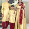 Family Matching Dress Set MOTHER FATHER SON Twinning Dress IBI-9998B Gold Maroon Traditional Family Combo Dress for Birthday Theme