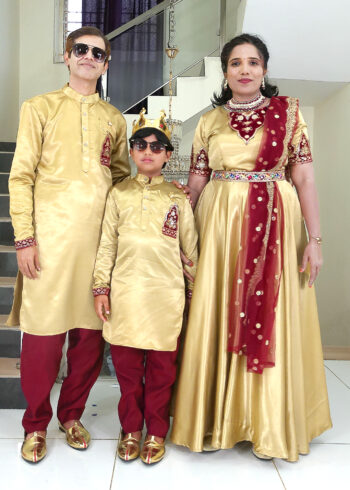 Family Matching Dress Set MOTHER FATHER SON Twinning Dress IBI-9998B Gold Maroon Traditional Family Combo Dress for Birthday Theme