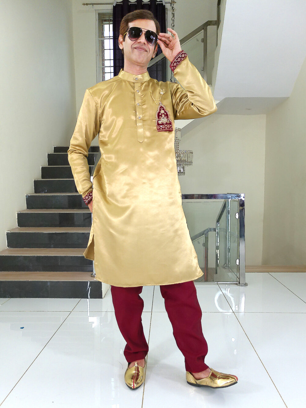 Men Dress IBI-9998MN Gold Maroon Kurta Pajama Set for Men