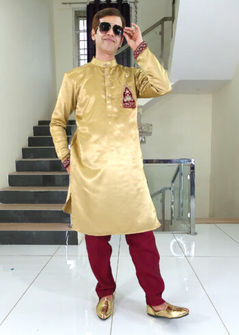 Men Dress IBI-9998MN Gold Maroon Kurta Pajama Set for Men