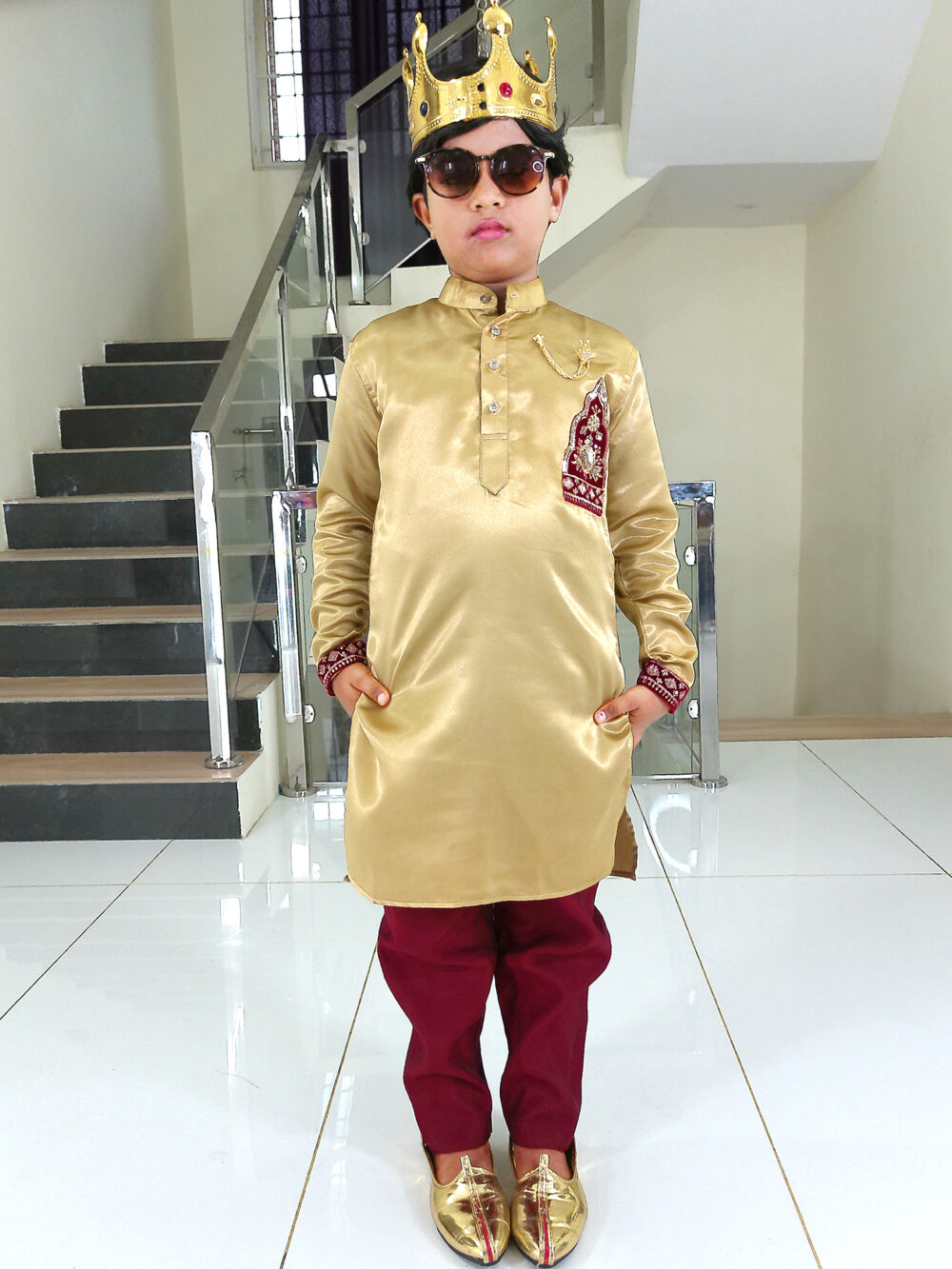 Boy Birthday Dress IBI-9998BY Gold Maroon Kurta Pajama Set