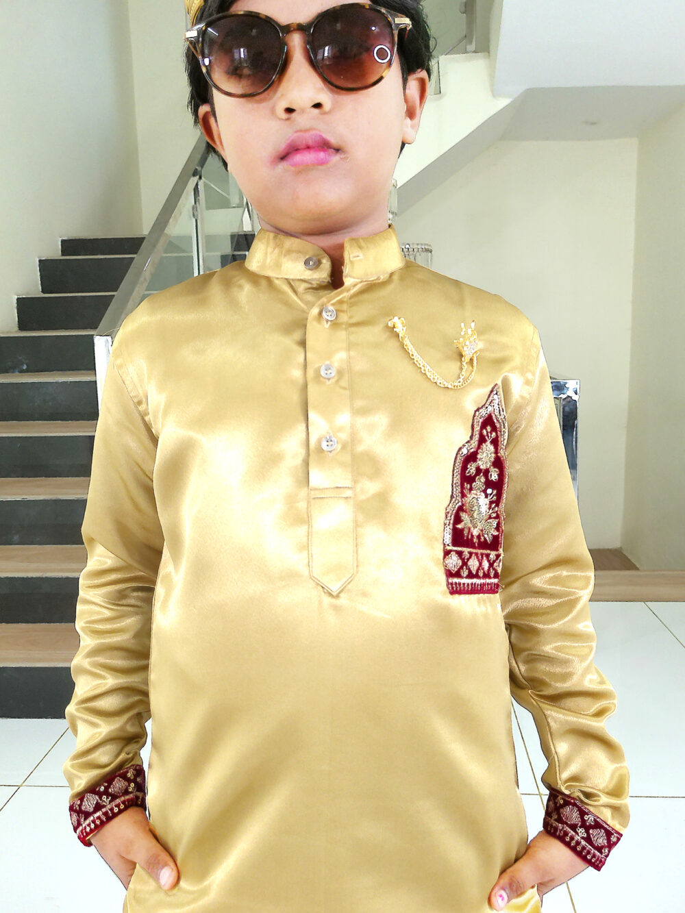 Boy Birthday Dress IBI-9998BY Gold Maroon Kurta Pajama Set