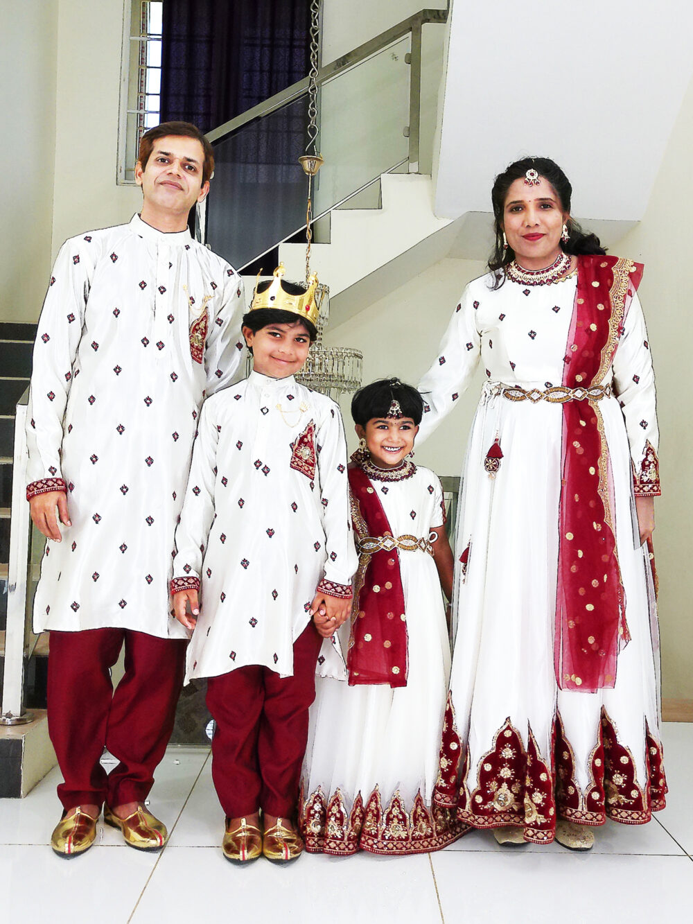 Family Matching Dress Set MOTHER DAUGHTER SON FATHER Twinning Dress IBI-9999BG Off White Maroon Traditional Family Matching Dress for Birthday Theme