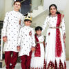 Family Matching Dress Set MOTHER DAUGHTER SON FATHER Twinning Dress IBI-9999BG Off White Maroon Traditional Family Matching Dress for Birthday Theme