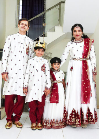 Family Matching Dress Set MOTHER DAUGHTER SON FATHER Twinning Dress IBI-9999BG Off White Maroon Traditional Family Matching Dress for Birthday Theme