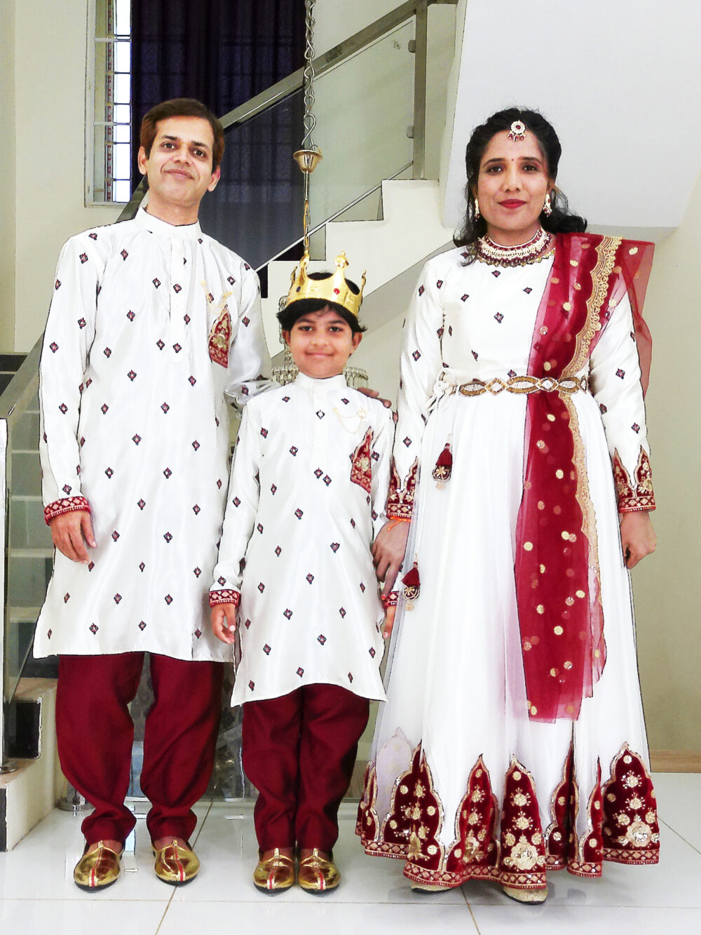 Family Matching Dress Set MOTHER FATHER SON Twinning Dress IBI-9999B Off White Maroon Traditional Family Combo Dress for Birthday Theme
