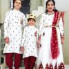 Family Matching Dress Set MOTHER FATHER SON Twinning Dress IBI-9999B Off White Maroon Traditional Family Combo Dress for Birthday Theme