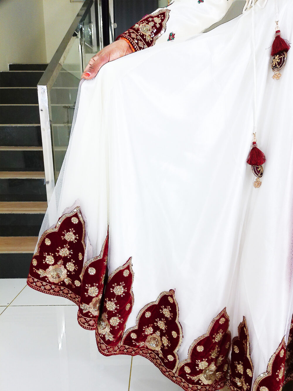 Anarkali Gown for Women IBI-9999WMN Off white Maroon Traditional Anarkali Long Gown