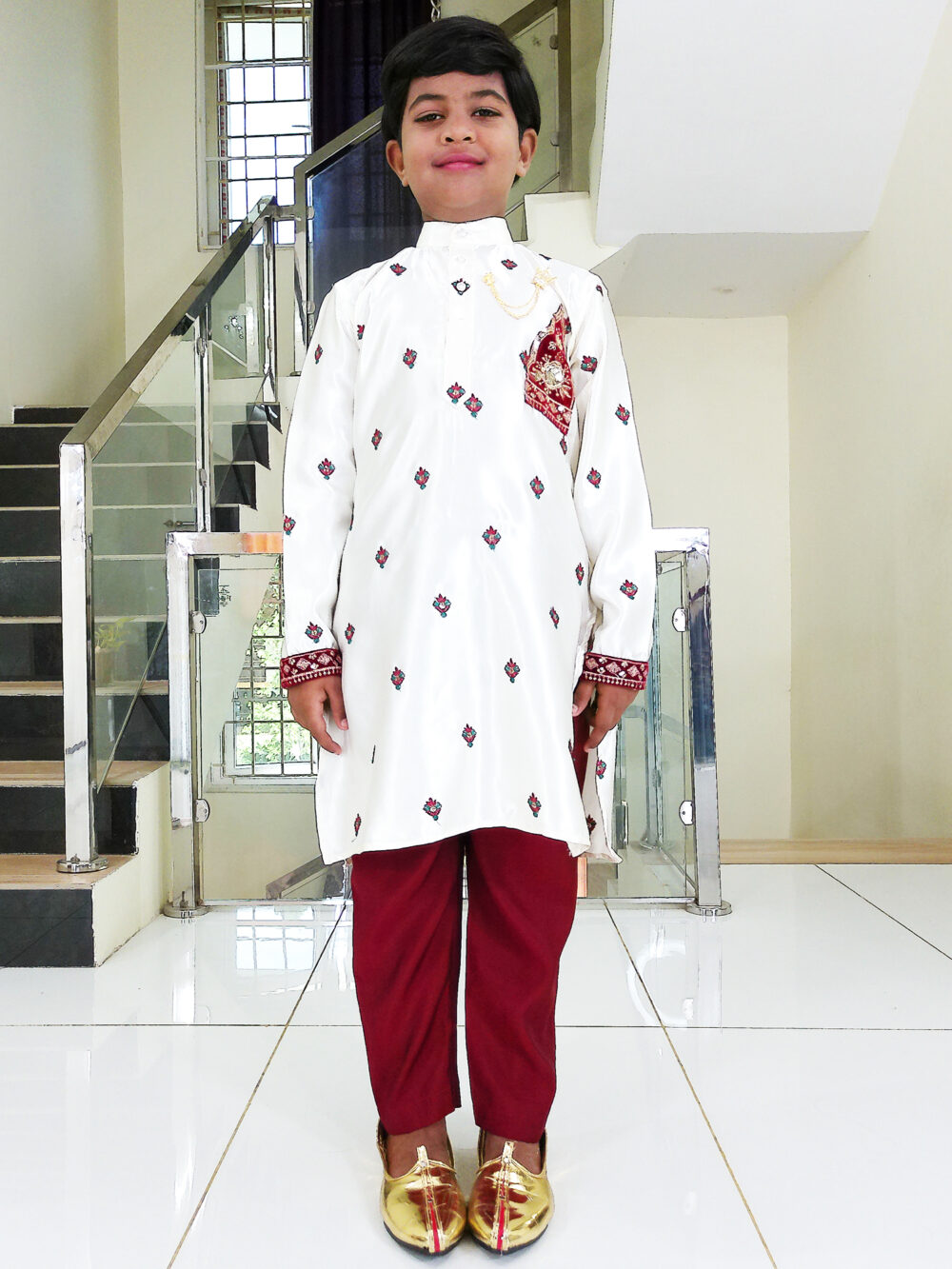 Boy Birthday Dress IBI-9999BY Off White Maroon Kurta Pajama Set