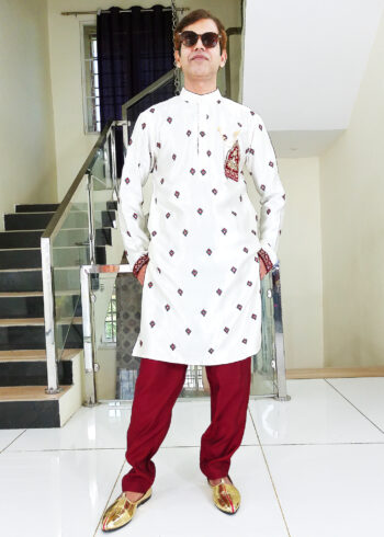 Men Dress IBI-9999MN Off White Maroon Kurta Pajama Set for Men