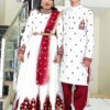 Family Matching Dress Set MOTHER DAUGHTER FATHER Twinning Dress IBI-9999G Offwhite Maroon Traditional Family Combo Dress for Birthday Theme
