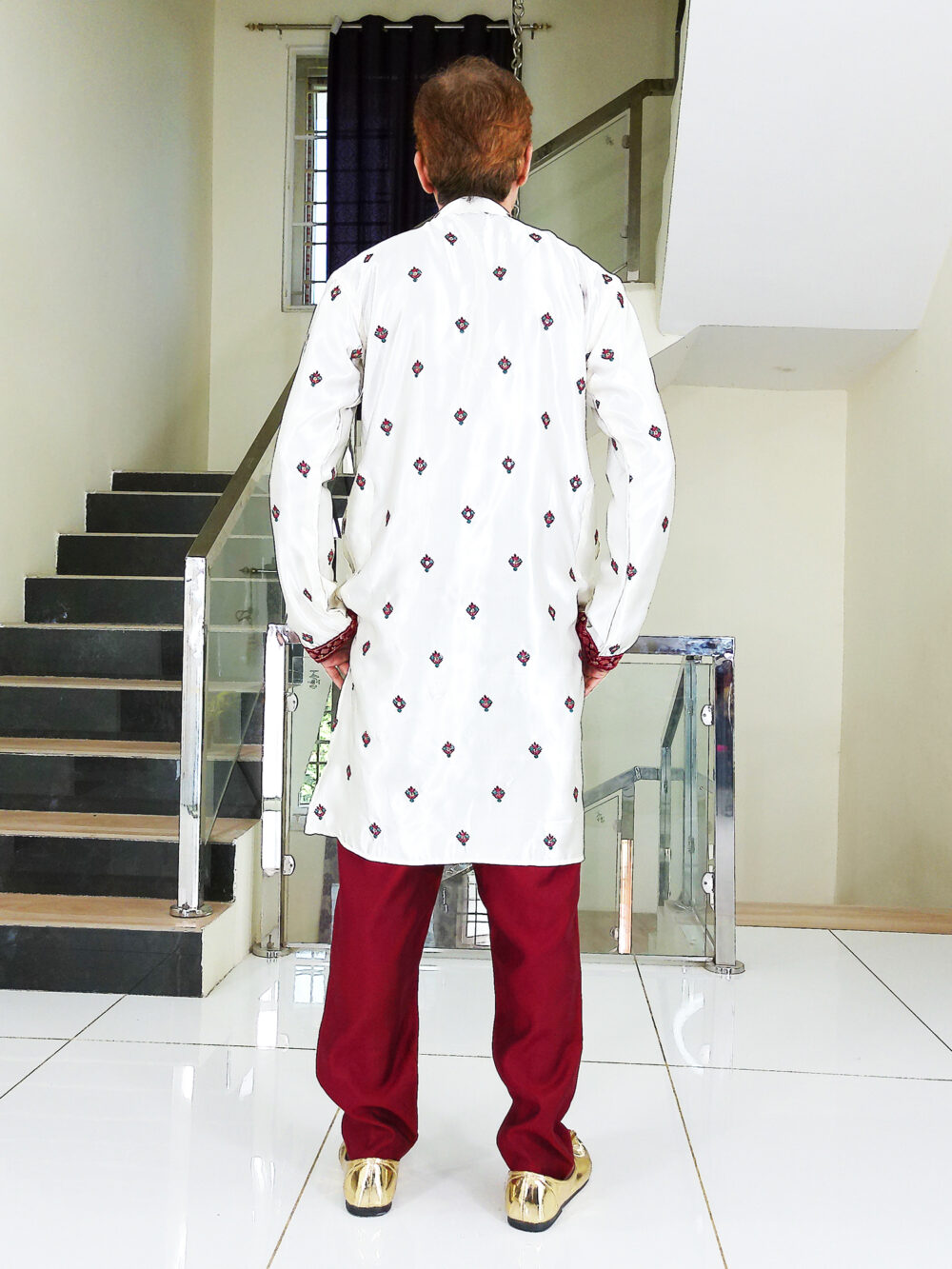 Men Dress IBI-9999MN Off White Maroon Kurta Pajama Set for Men