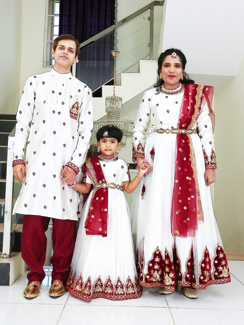 Family Matching Dress Set MOTHER DAUGHTER FATHER Twinning Dress IBI-9999G Offwhite Maroon Traditional Family Combo Dress for Birthday Theme