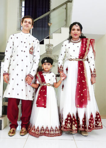 Family Matching Dress Set MOTHER DAUGHTER FATHER Twinning Dress IBI-9999G Offwhite Maroon Traditional Family Combo Dress for Birthday Theme