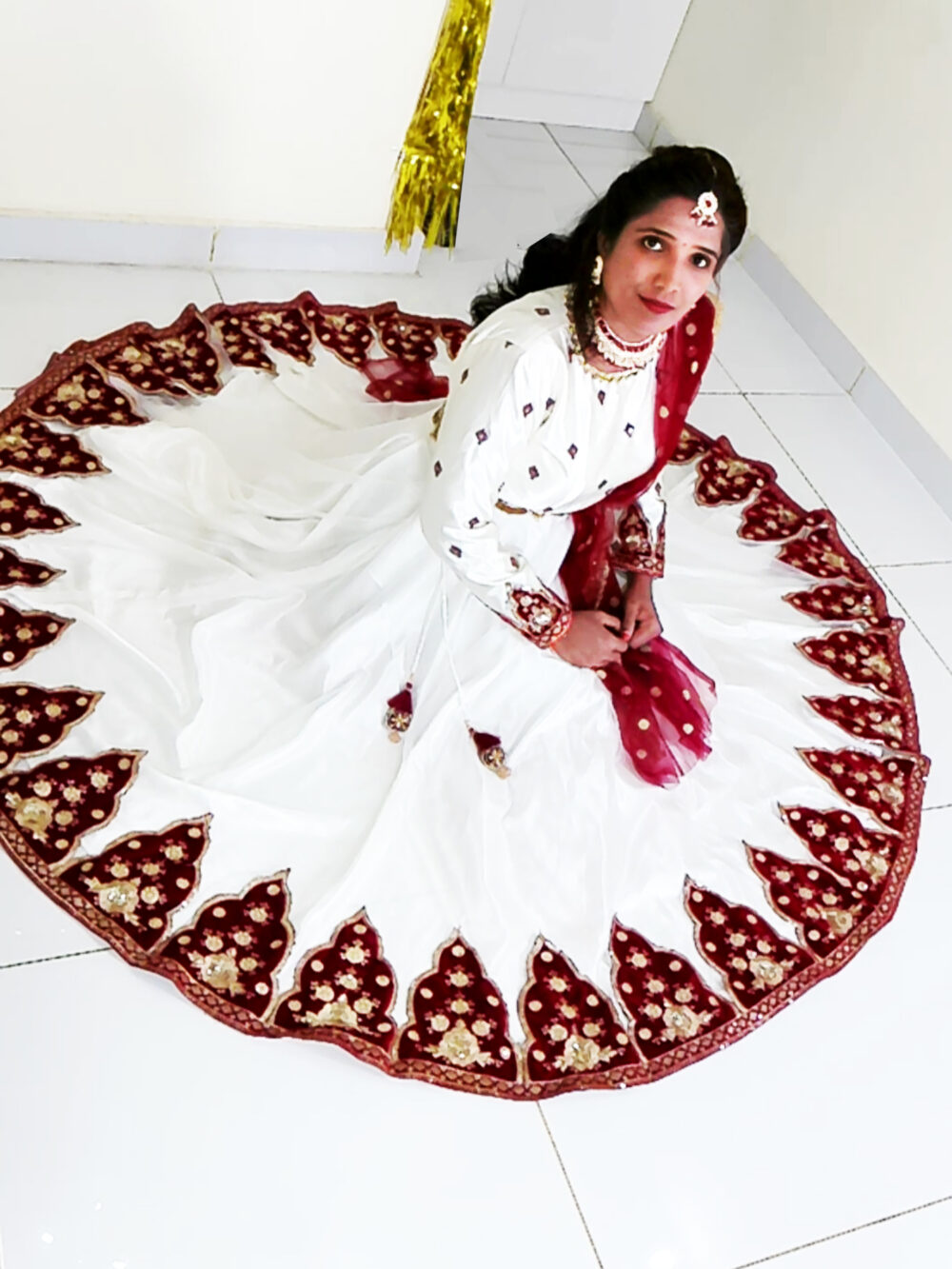 Anarkali Gown for Women IBI-9999WMN Off white Maroon Traditional Anarkali Long Gown