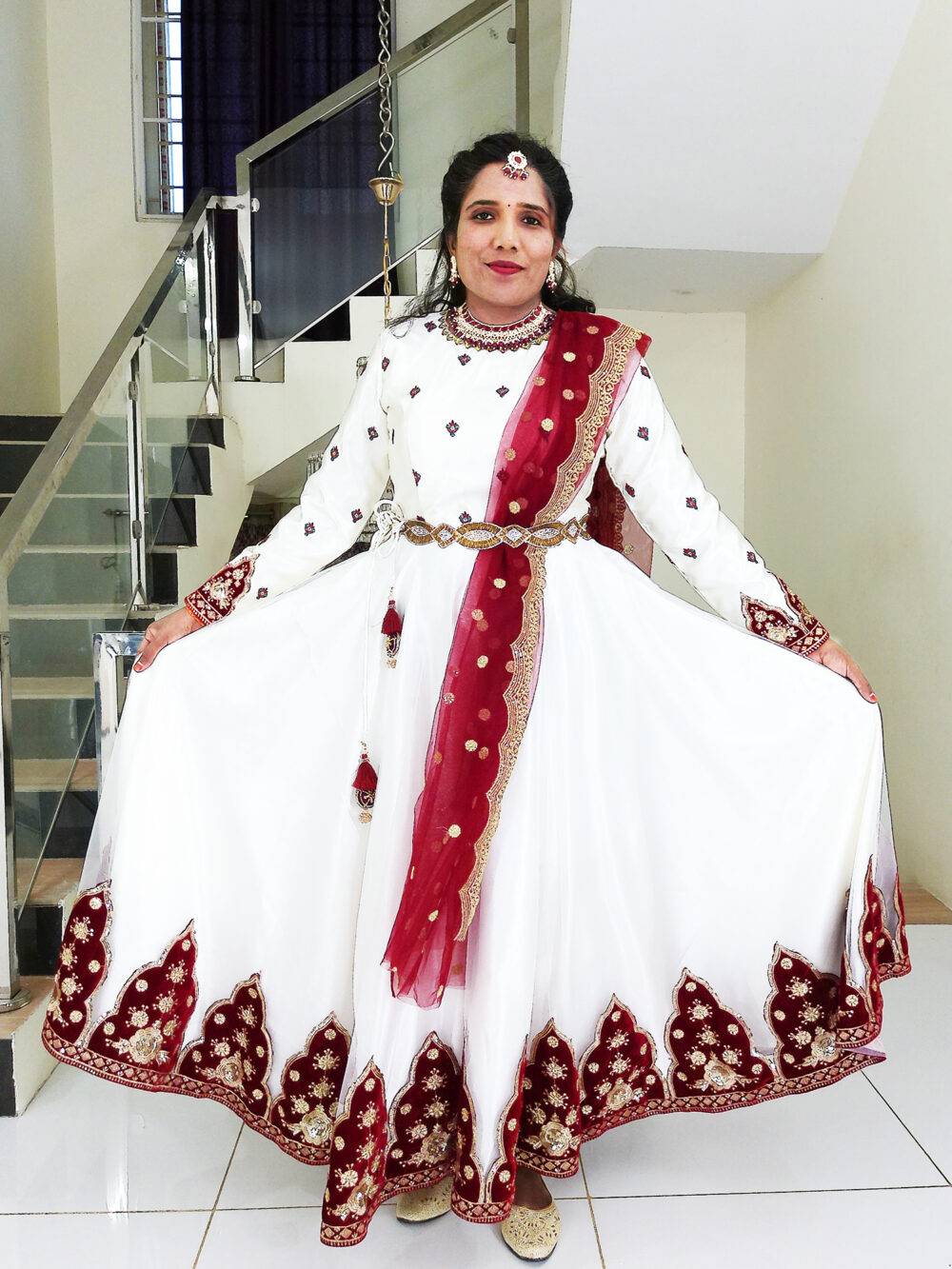 Anarkali Gown for Women IBI-9999WMN Off white Maroon Traditional Anarkali Long Gown